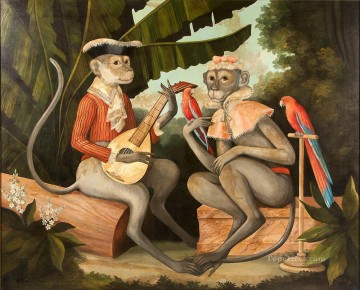 猿 Painting - ギターを弾く猿とオウム